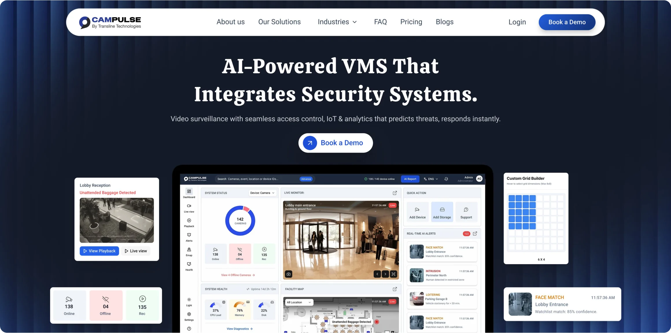 CamPulse landing page hero with the product dashboard on screen