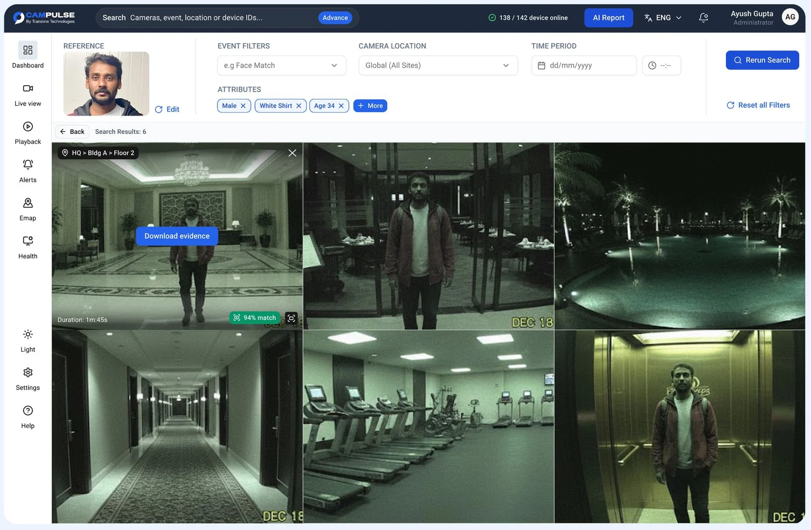 Deep Search results grid with match confidence scores and download evidence