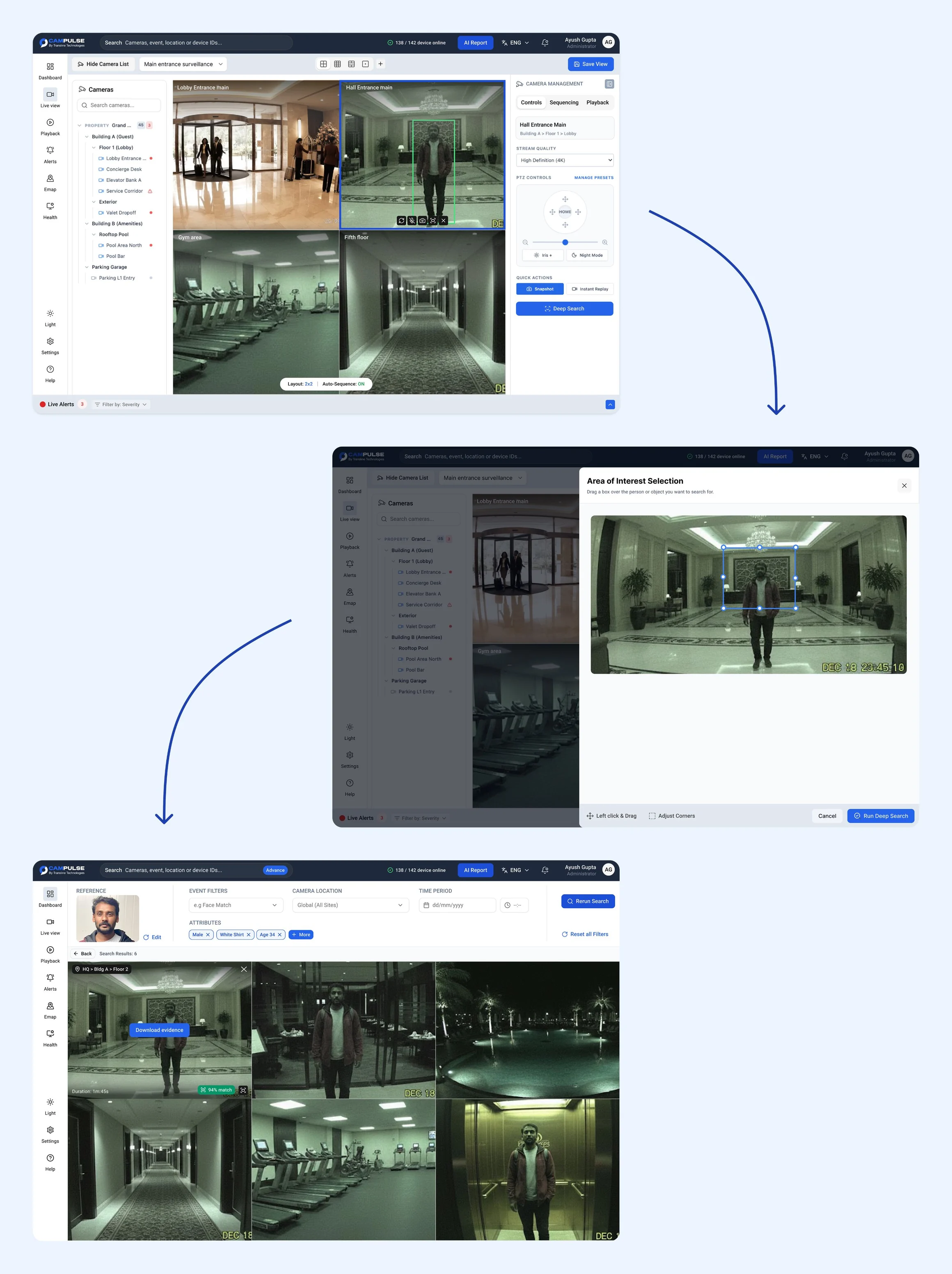 The three screens of the deep search flow: live view, area of interest selection, and multi-camera results