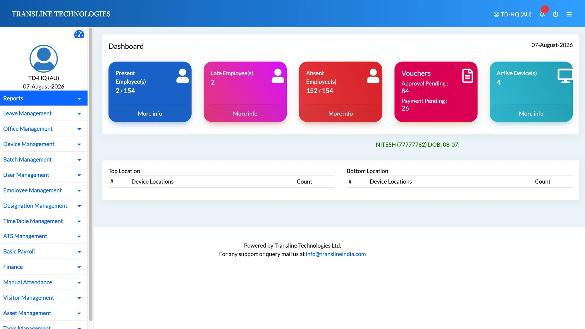 The legacy IDone dashboard: five heavy gradient counter cards over an empty location table